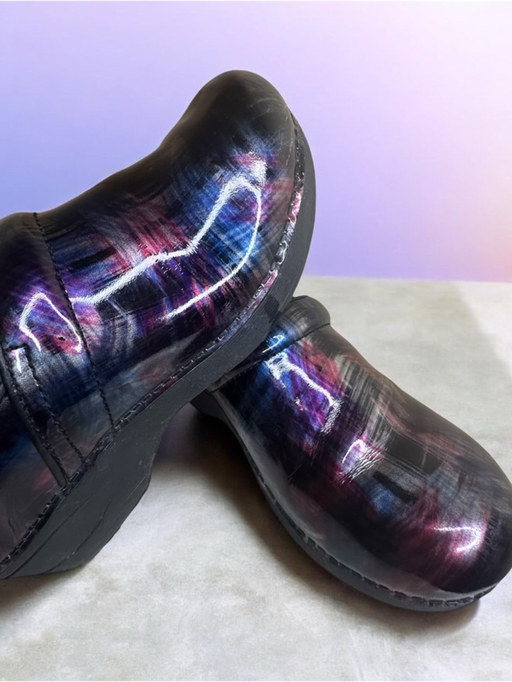 Dansko Iridescent Black Purple Blue Patent Leather Clogs
